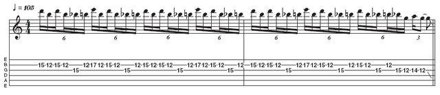Example 2: Stretchy pentatonic lick. Although this is sextuplet based, the ordering of the notes (in particular the first and third notes of each sextuplet), makes it less cliched than the previous example. Notice the blue note (b5) adds some tension to the lick, ideal for metal scenarios (Dimebag Darrell occasionally favoured this blues-scale approach, too).